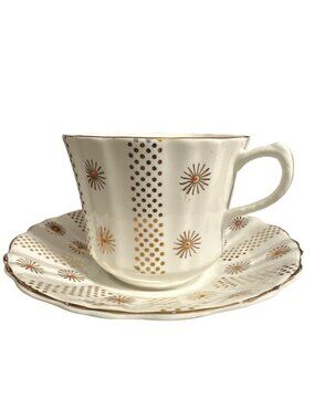 Aylesbury Bone China Tea Cup & Saucer Set Made In England With Gold Starburst &